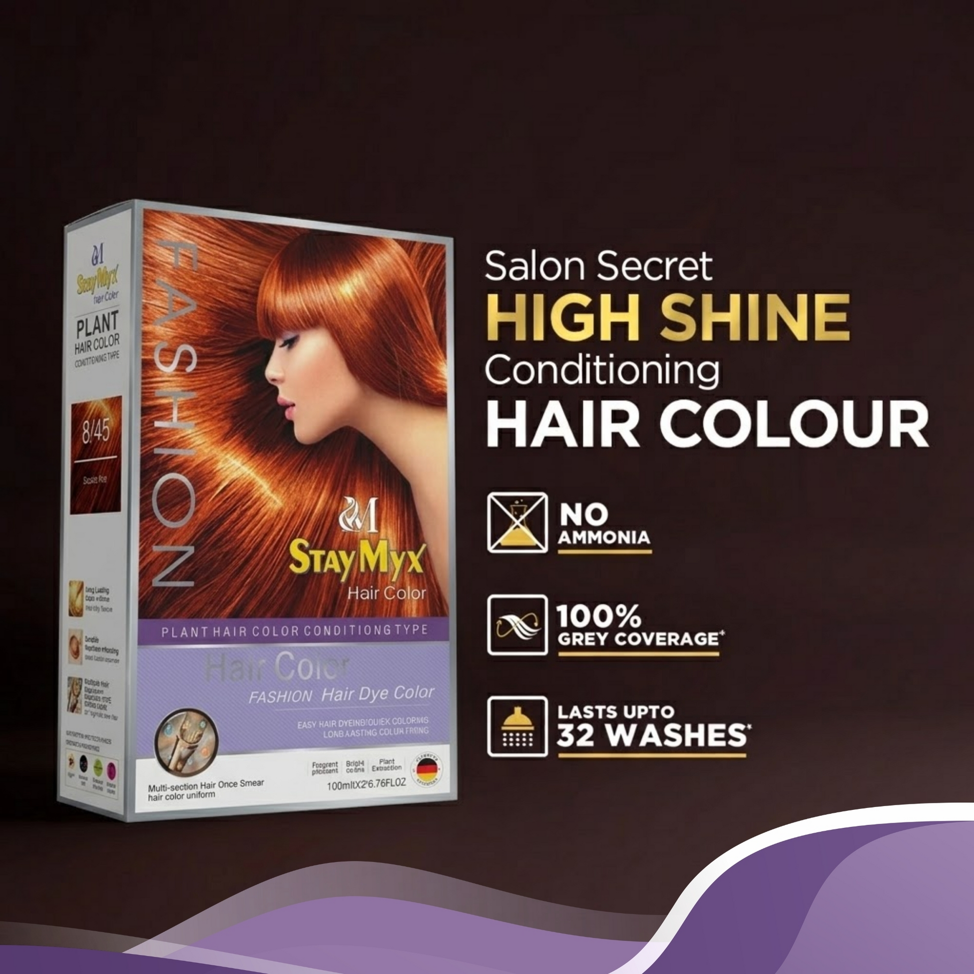 StayMyx Plant Hair Color in 8-45 Dazzle Red; a professional conditioning German formula designed for vibrant red results, ultra-soft deep shine, and a comfortable application without skin staining.