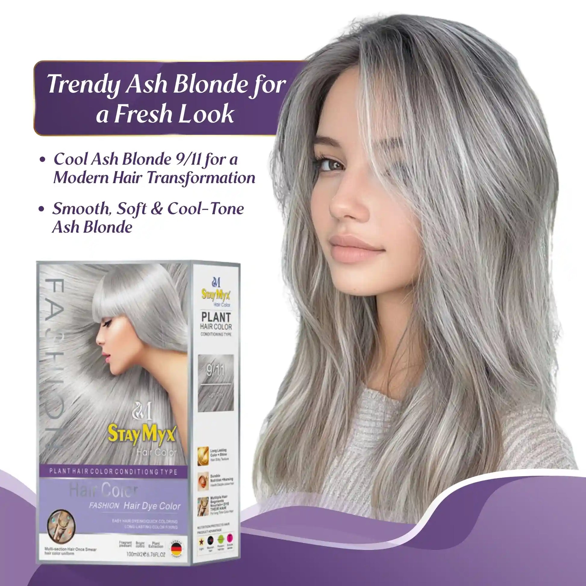 StayMyx Trendy Ash Blonde 9/11 for a Fresh Look, Smooth Soft and Cool-Tone Ash Blonde Hair Transformation, Professional Ammonia-Free Plant Based Permanent Dye for Metallic Grey Results