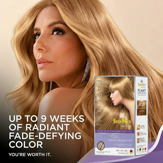 StayMyx Plant Hair Color in 9-33 Light Golden Blonde; a professional conditioning German formula designed for ultra-soft deep shine and radiant golden results without skin staining or scalp irritation.