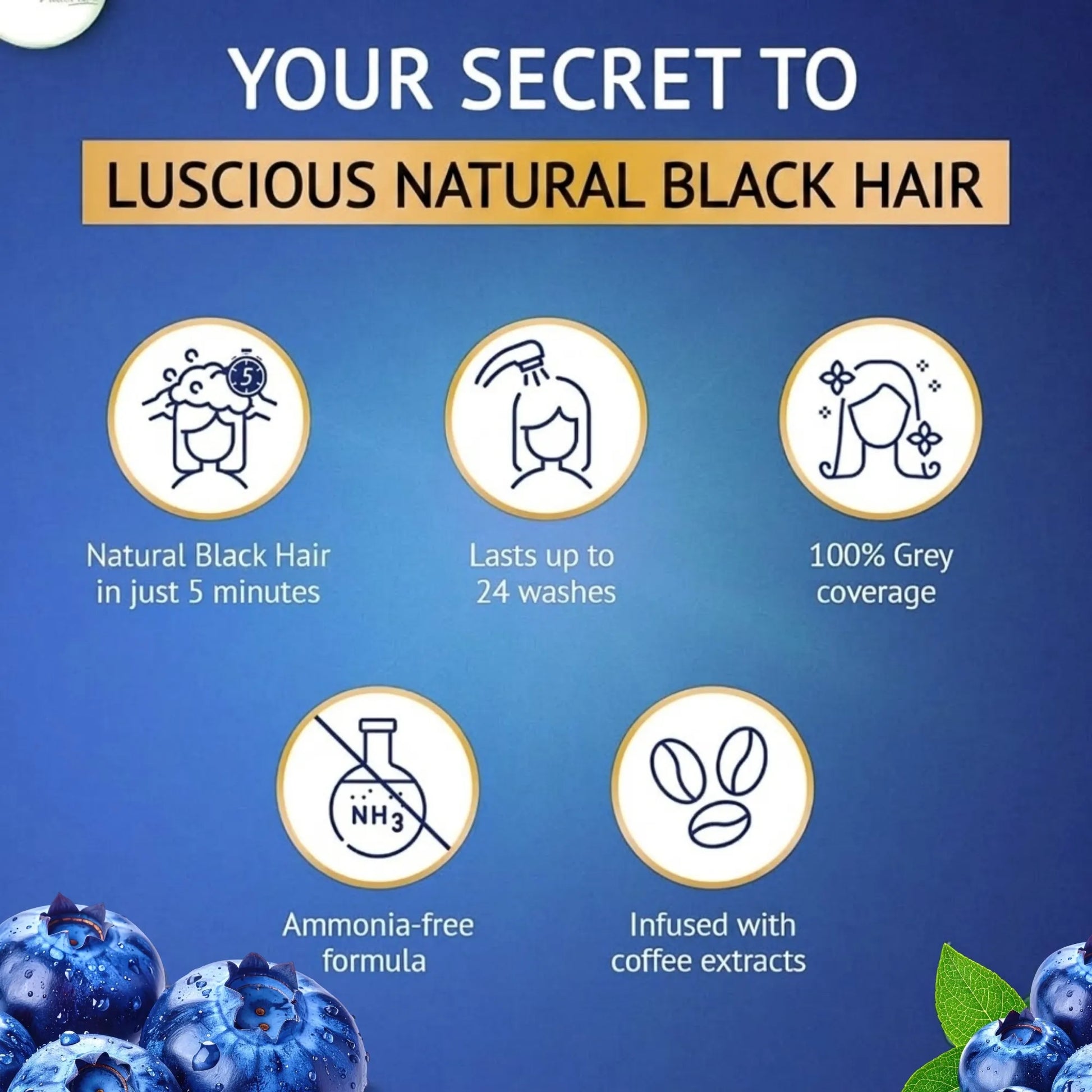 Key features of StayMyx Hair Color including ammonia-free formula, 24 washes durability, and coffee extracts.