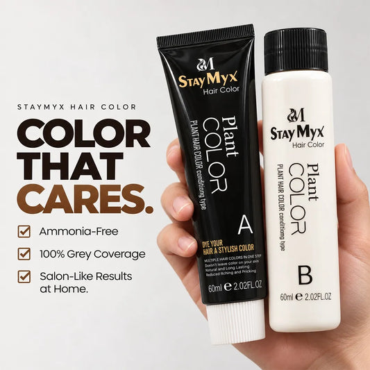StayMyx ammonia-free plant hair color kit featuring color cream and developer for grey coverage and salon-like results at home.