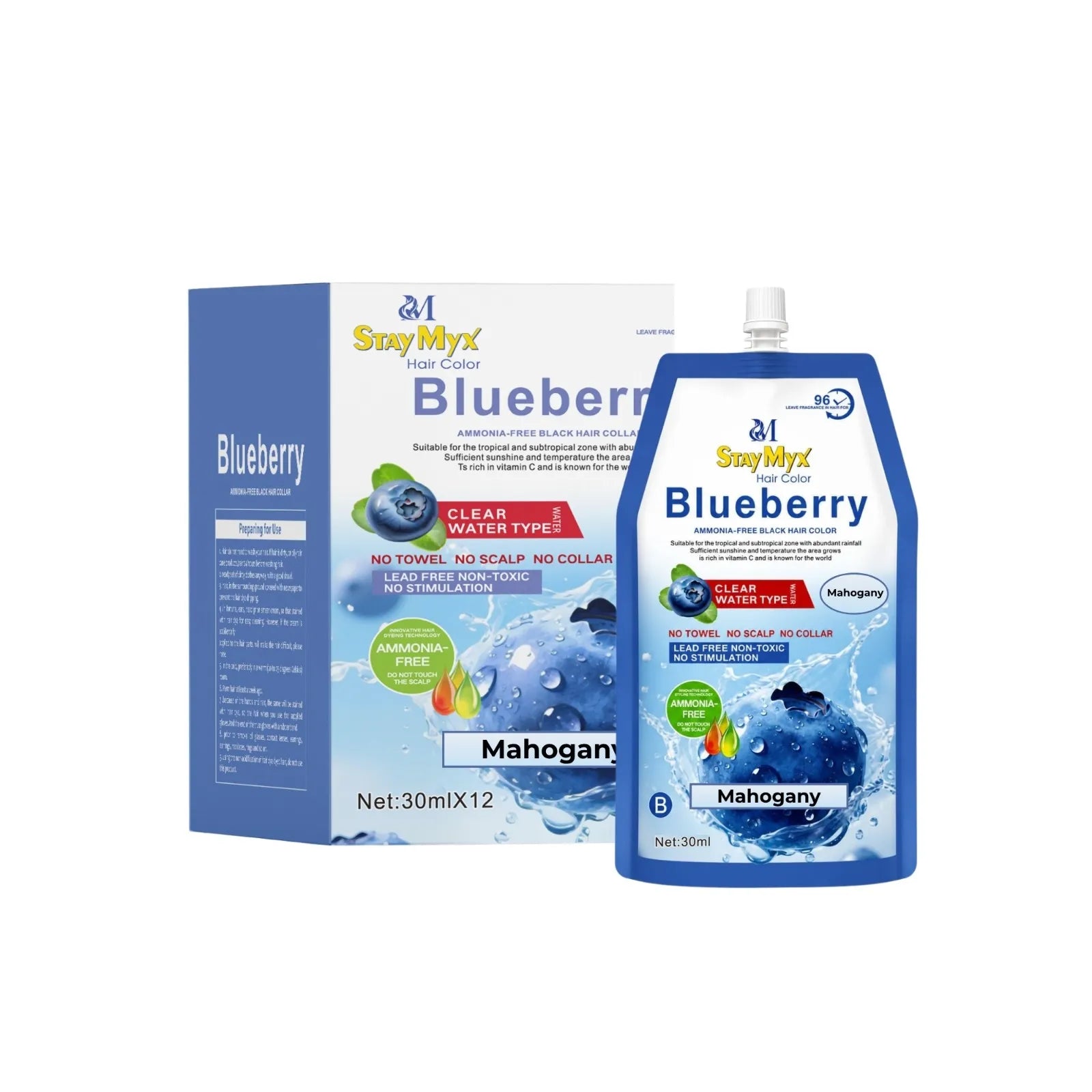 StayMyx Blueberry Hair Color in Mahogany Red shade, featuring German formula and ammonia-free hair dyeing technology.