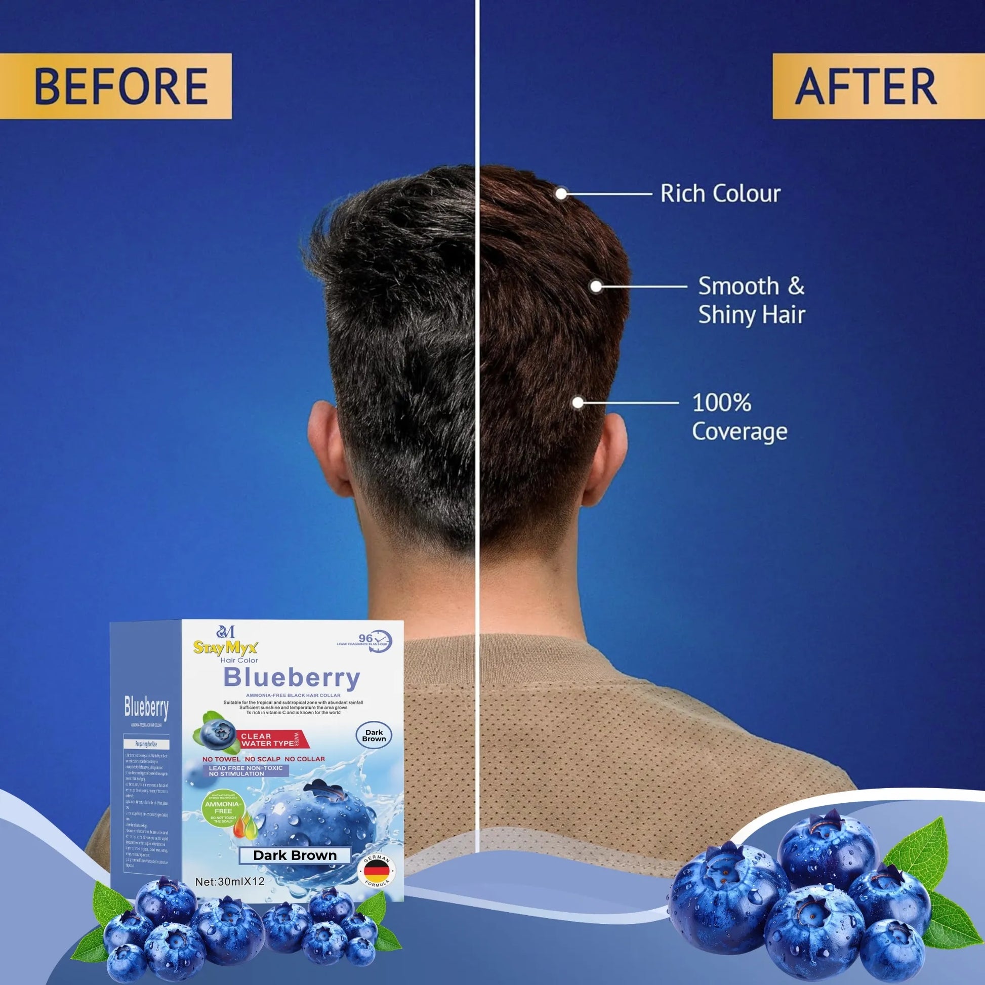Real transformation results using StayMyx Dark Brown hair color showing shiny texture and 100% grey coverage.