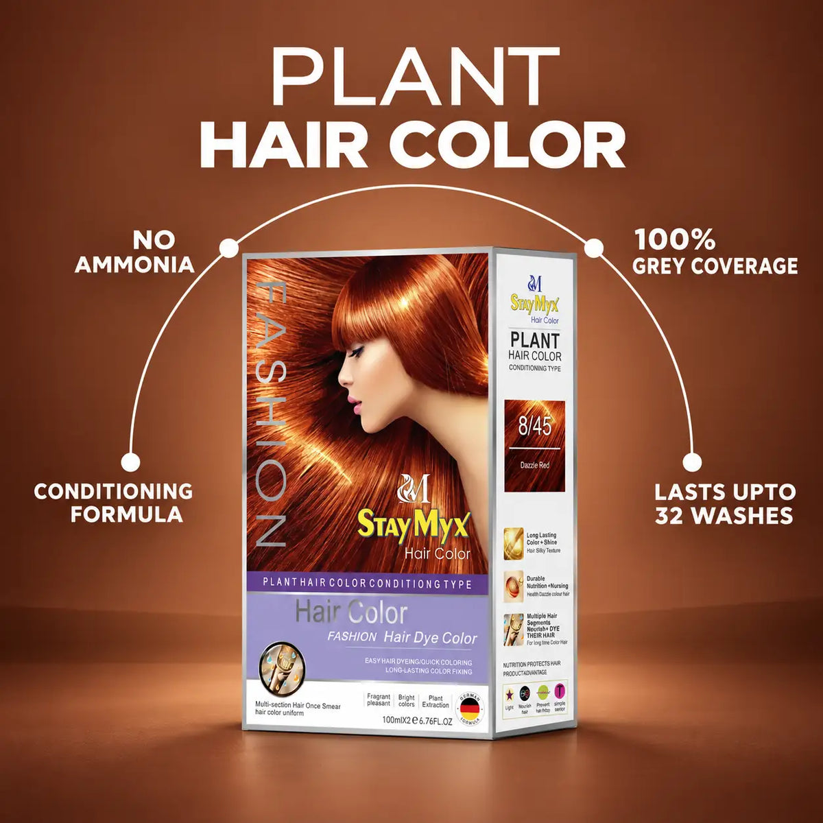 StayMyx 8/45 Dazzle Red plant hair color packaging highlighting its ammonia-free conditioning formula, 100% grey coverage, and color lasting up to 32 washes.