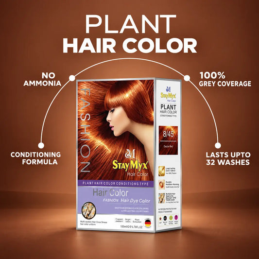 StayMyx 8/45 Dazzle Red plant hair color packaging highlighting its ammonia-free conditioning formula, 100% grey coverage, and color lasting up to 32 washes.