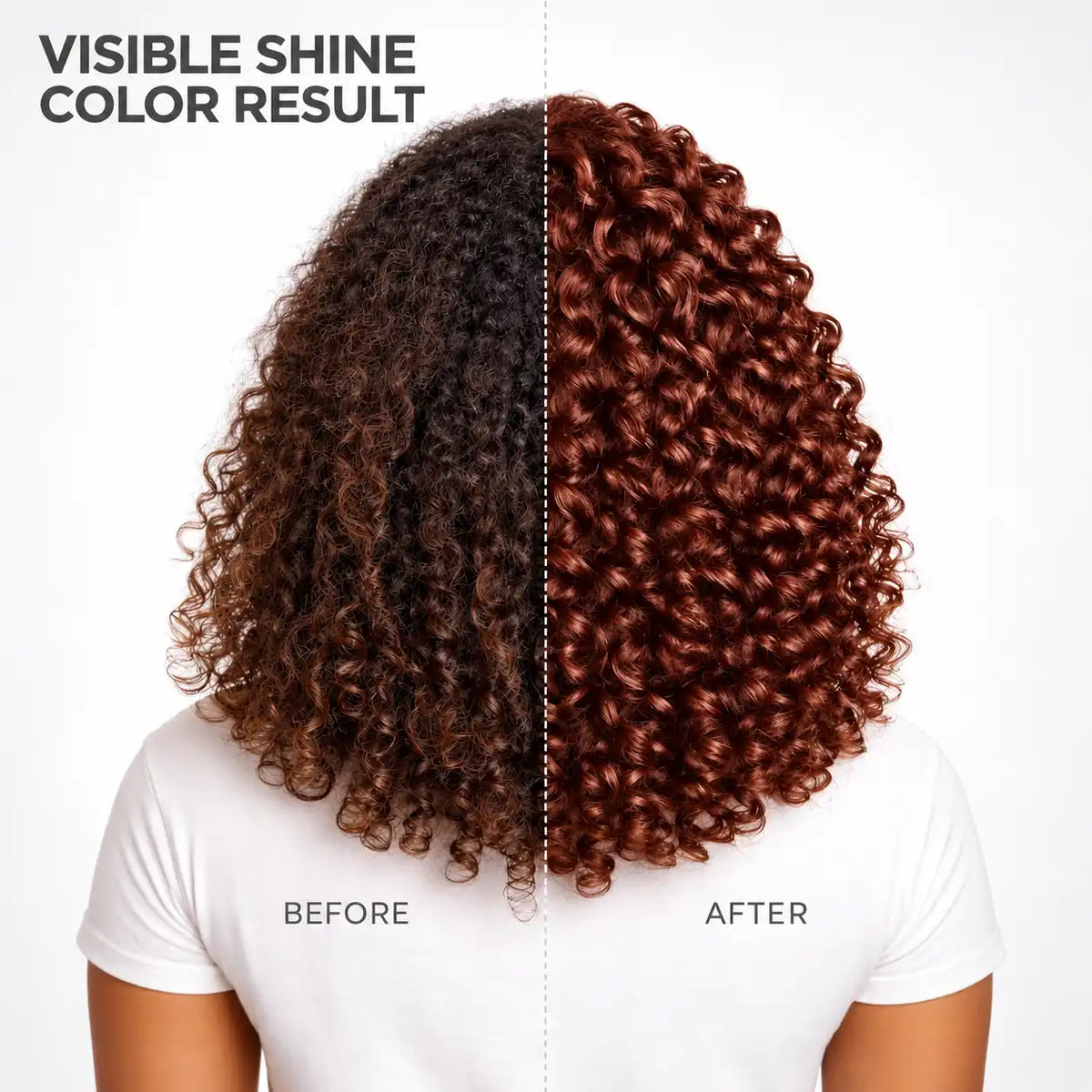 Before and after comparison of curly hair changing from dark brown to vibrant, glossy copper red, showcasing StayMyx Dazzle Red 8/45 hair color results.