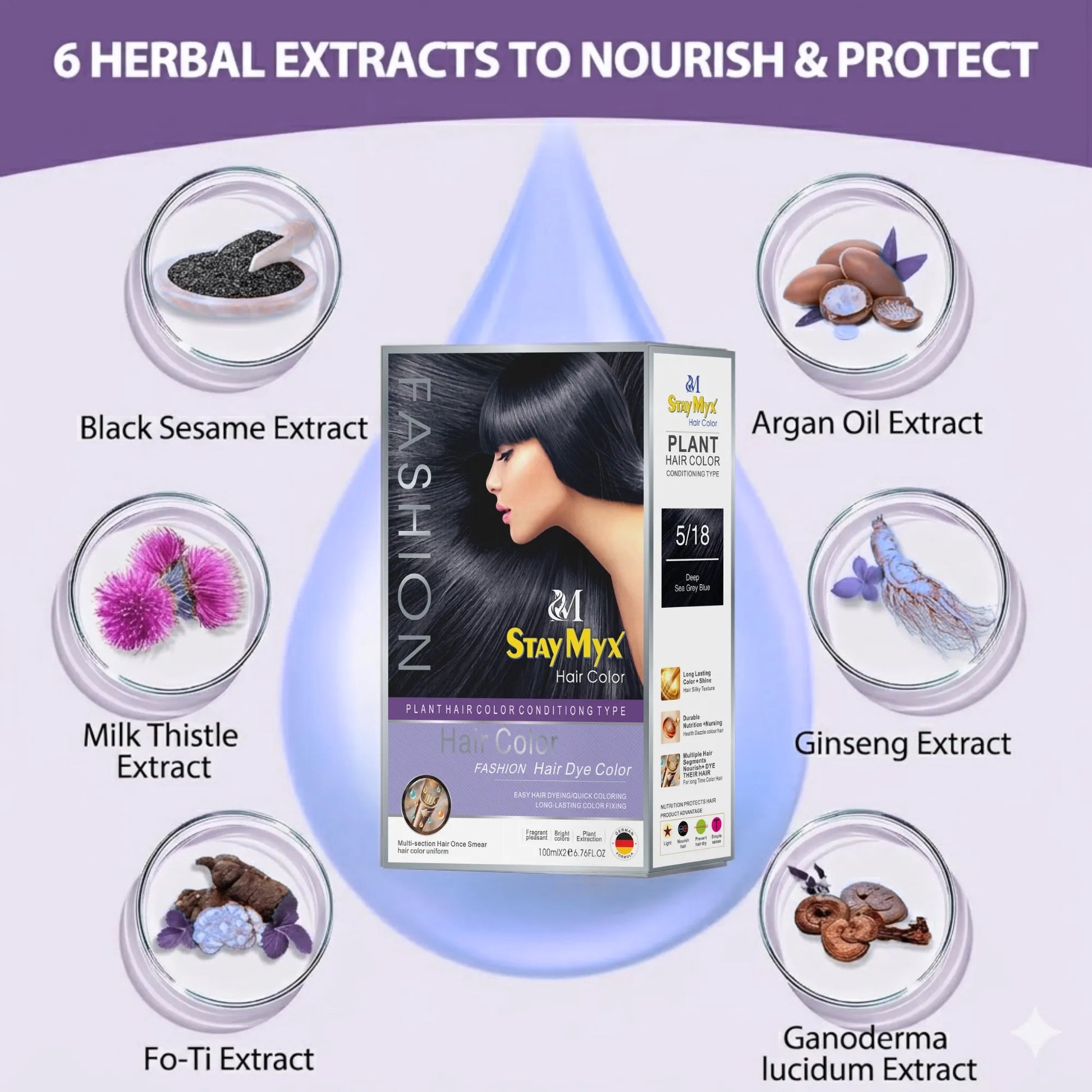 StayMyx Plant Hair Color with 6 Herbal Extracts, Argan Oil, Ginseng, and Black Sesame for Hair Nourishment, Ammonia-Free German Formula for Protective and Healthy Hair Dyeing.