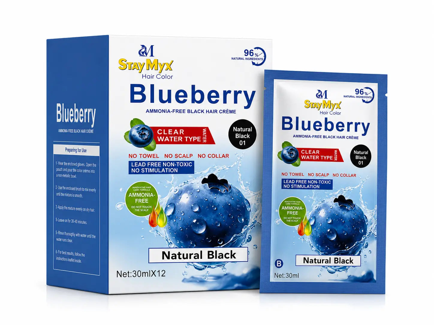 StayMyx Blueberry Hair Color in Mahogany Red shade, featuring German formula and ammonia-free hair dyeing technology.