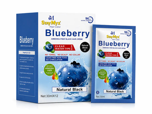 StayMyx Blueberry Hair Color in Mahogany Red shade, featuring German formula and ammonia-free hair dyeing technology.