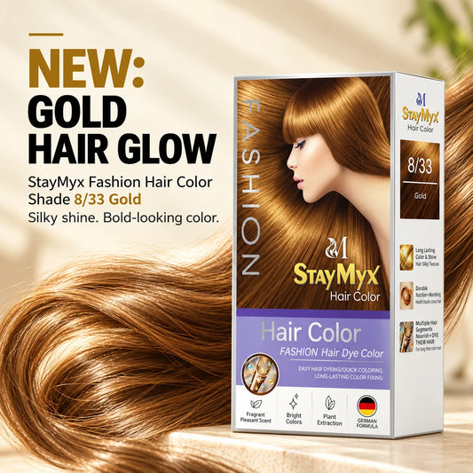 StayMyx 8/33 Gold fashion hair color with German formula, featuring rich golden hair dye, long-lasting color, silky shine, and nourishing plant extracts.