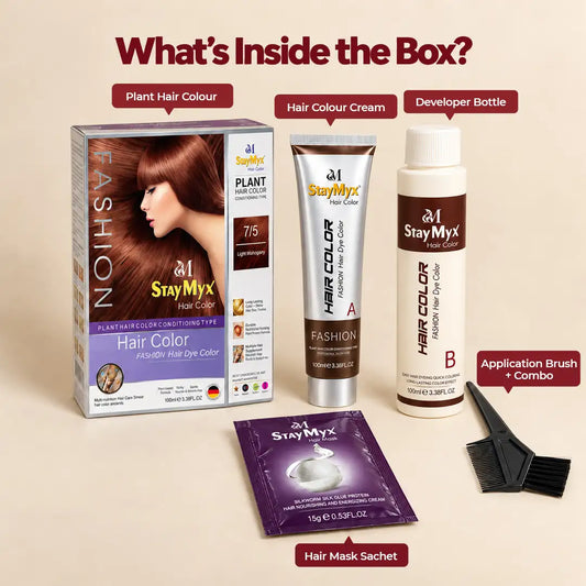StayMyx Plant Hair Color 7/5 Light Mahogany complete kit featuring hair color cream, developer bottle, hair mask sachet, and application brush with comb.