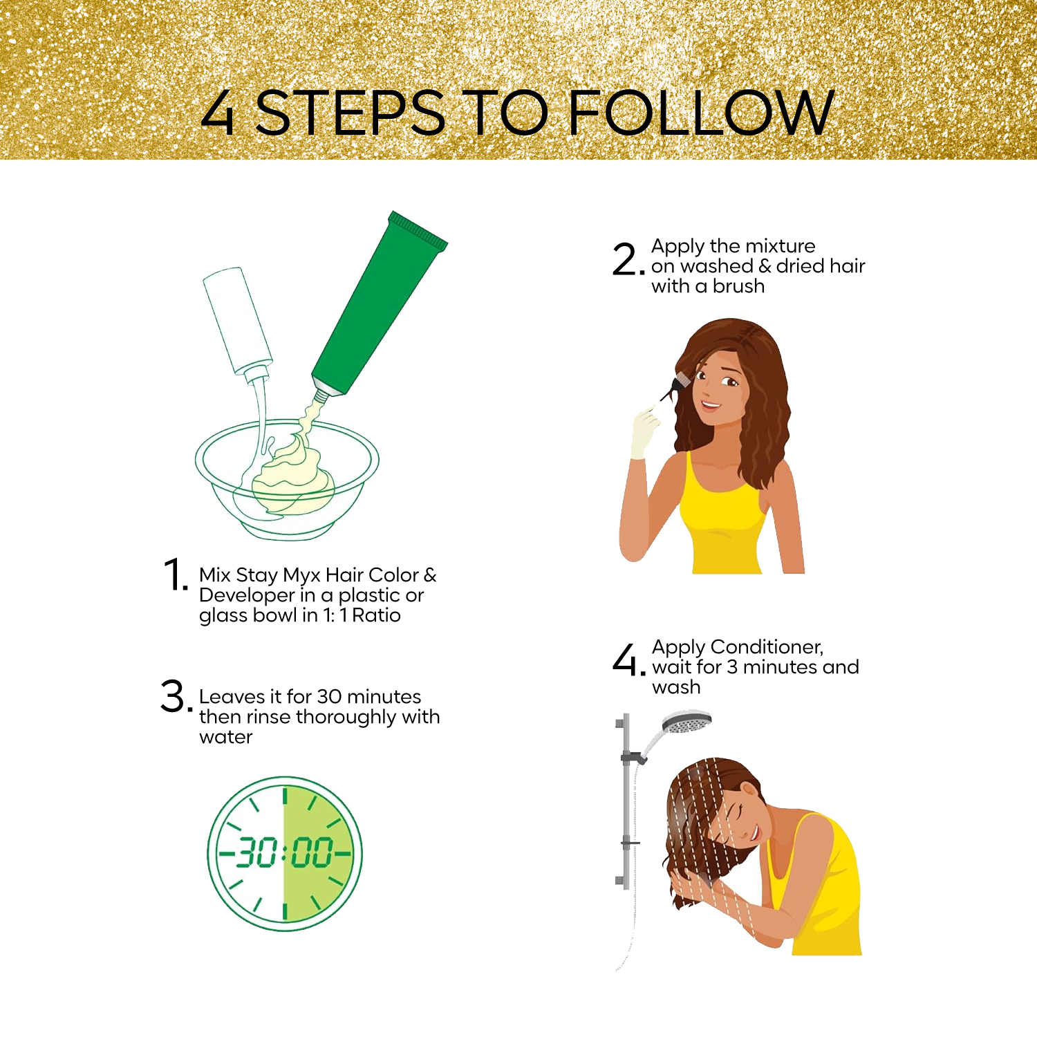 How to Use Stay Myx Hair Color: 4-Step Application Guide including Mixing Ratio 1:1, Hair Dye Application with Brush, 30-Minute Processing Time, and Conditioning Rinse for Professional Results at Home.