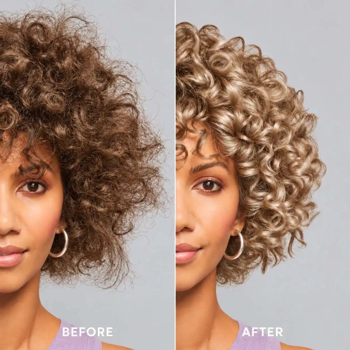 Before and after hair color comparison showing curly brown hair transformed into glossy, light golden blonde curls.