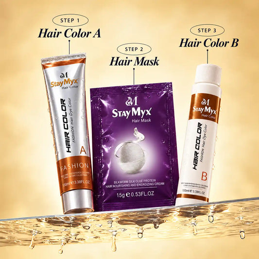 StayMyx hair color kit featuring Hair Color A cream, nourishing hair mask, and Hair Color B developer for a three-step at-home hair coloring process.