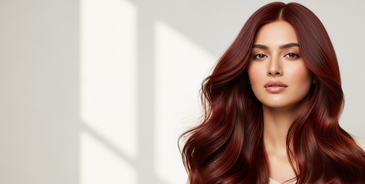 Woman with long, wavy red hair against a neutral background