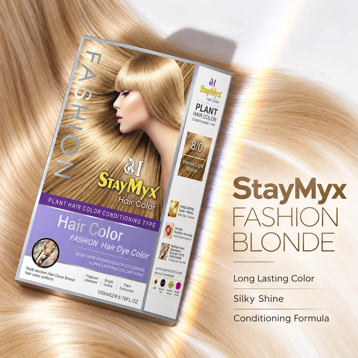 StayMyx 8/0 Intense Light Blonde fashion hair color packaging featuring long-lasting blonde color, silky shine, and a nourishing conditioning formula.