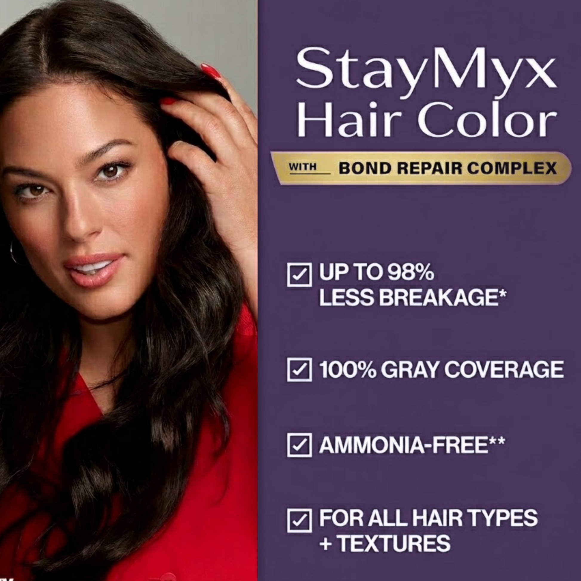 StayMyx Hair Color with Bond Repair Complex, Ammonia-Free Dye for 98% Less Breakage and 100% Gray Coverage, Professional German Formula for All Hair Types and Textures.