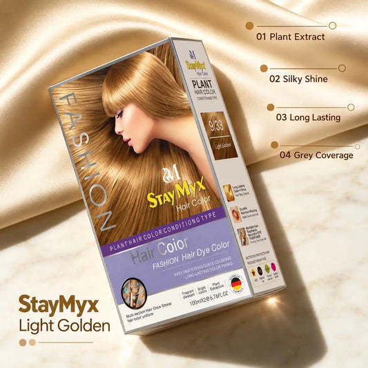 StayMyx Plant Hair Color 9/33 Light Golden hair dye featuring plant extract, silky shine, long-lasting color, and grey coverage.