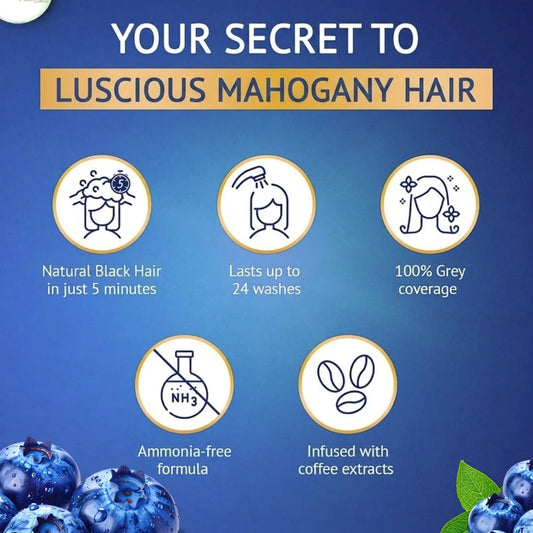 Key benefits of StayMyx Mahogany hair color: 100% grey coverage, infused with coffee extracts, and lasts up to 24 washes.