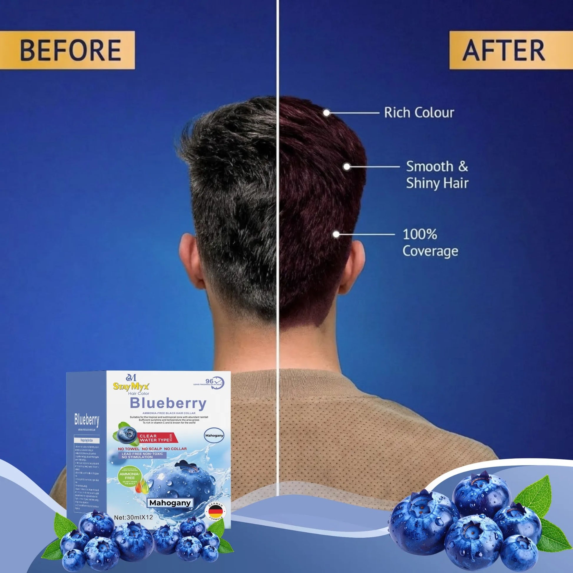 Impressive before and after results of StayMyx Mahogany hair color showing rich reddish-brown tones and silky texture.