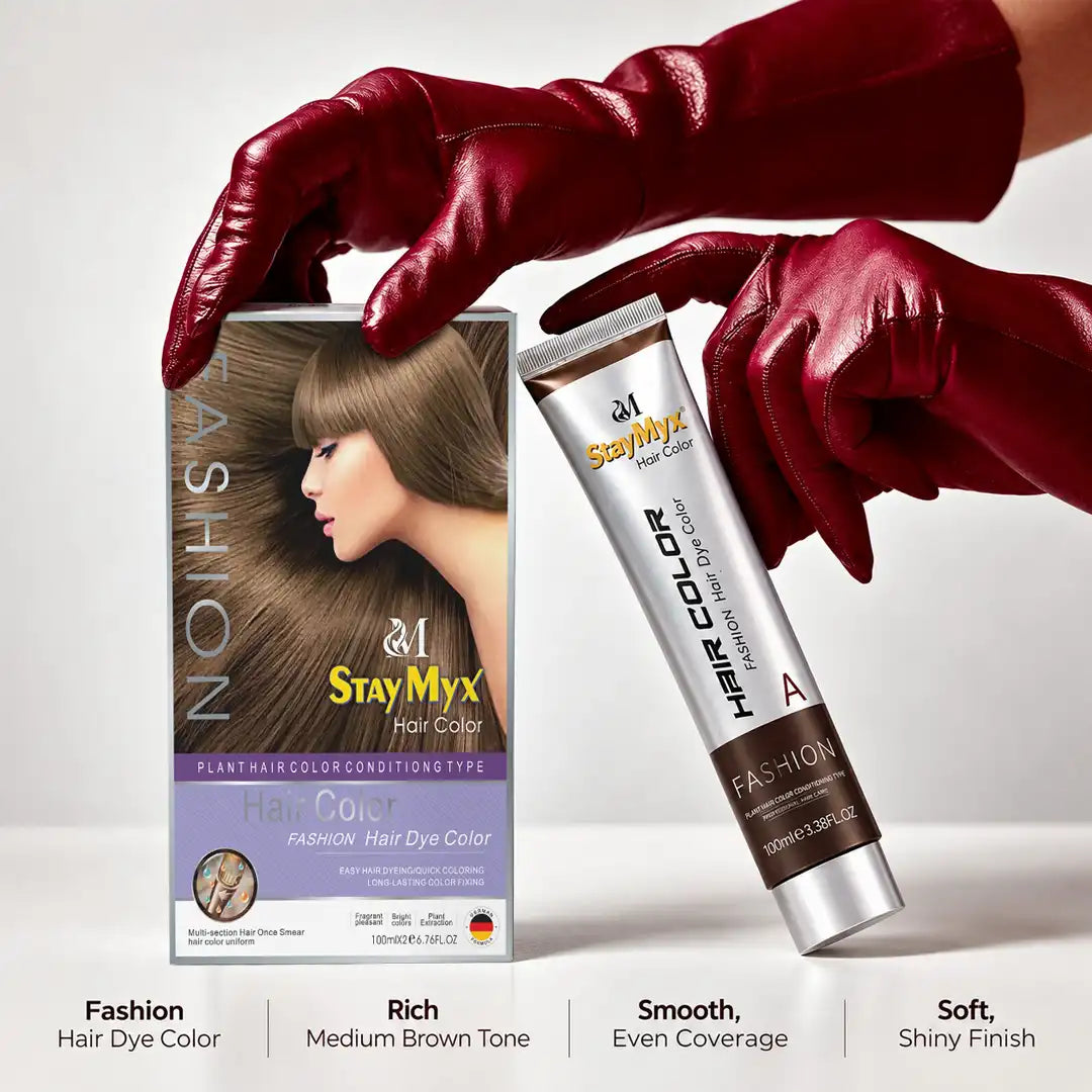 StayMyx Medium Brown Plant Hair Color box and hair dye cream tube, offering rich brown tones, smooth, even coverage and a soft, glossy-looking finish.