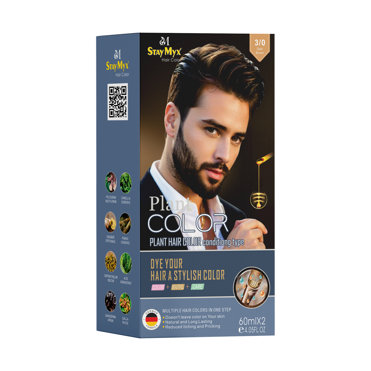 StayMyx 3/0 Dark Brown Plant Hair Color for Men, Ammonia-Free German Formula for Natural Looking Hair and Beard Dye, Professional Permanent Color with Aloe Vera and Ginseng for 100% Grey Coverage.