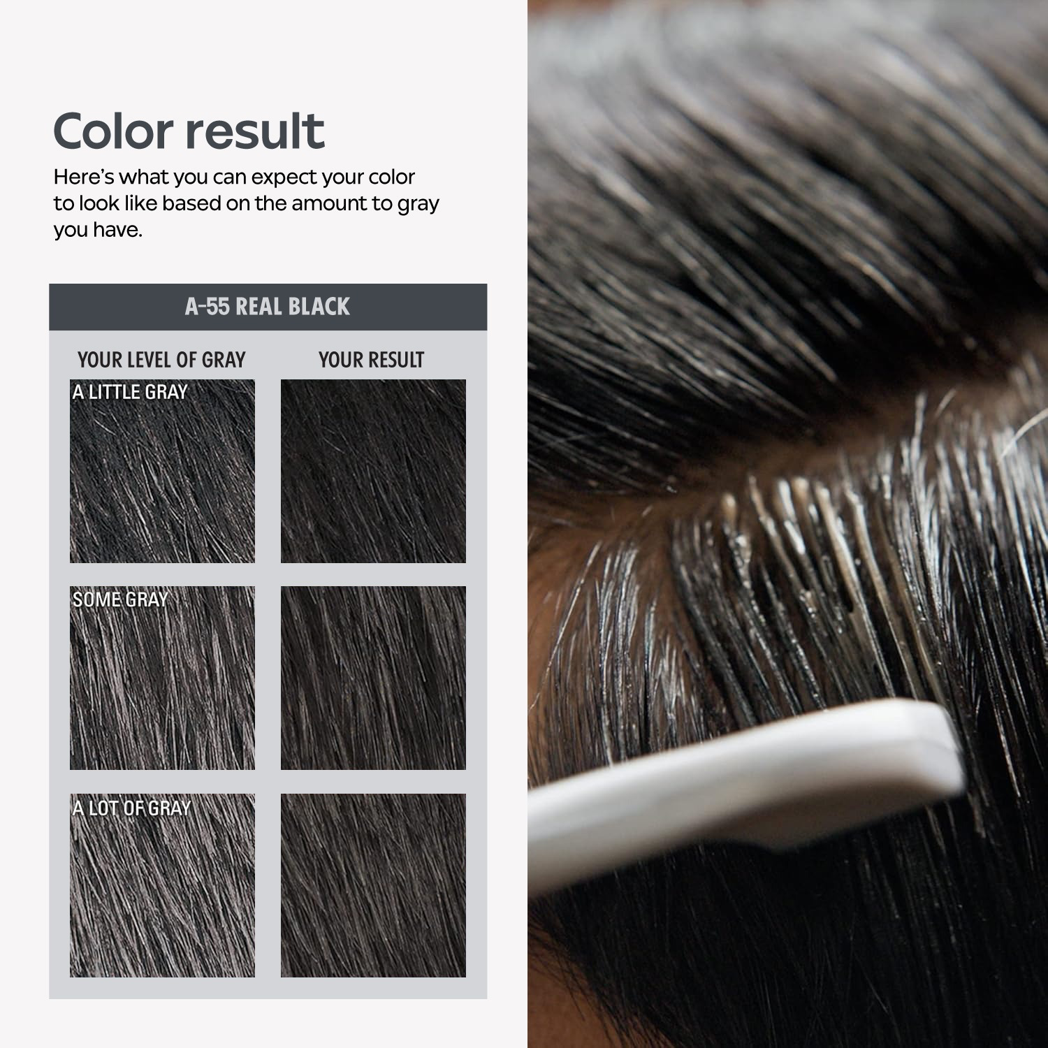 StayMyx A-55 Real Black Hair Color Result Chart, Professional Grey Coverage Guide for Men, Before and After Comparison for Different Grey Hair Levels, Ammonia-Free Natural Black Dye Results.