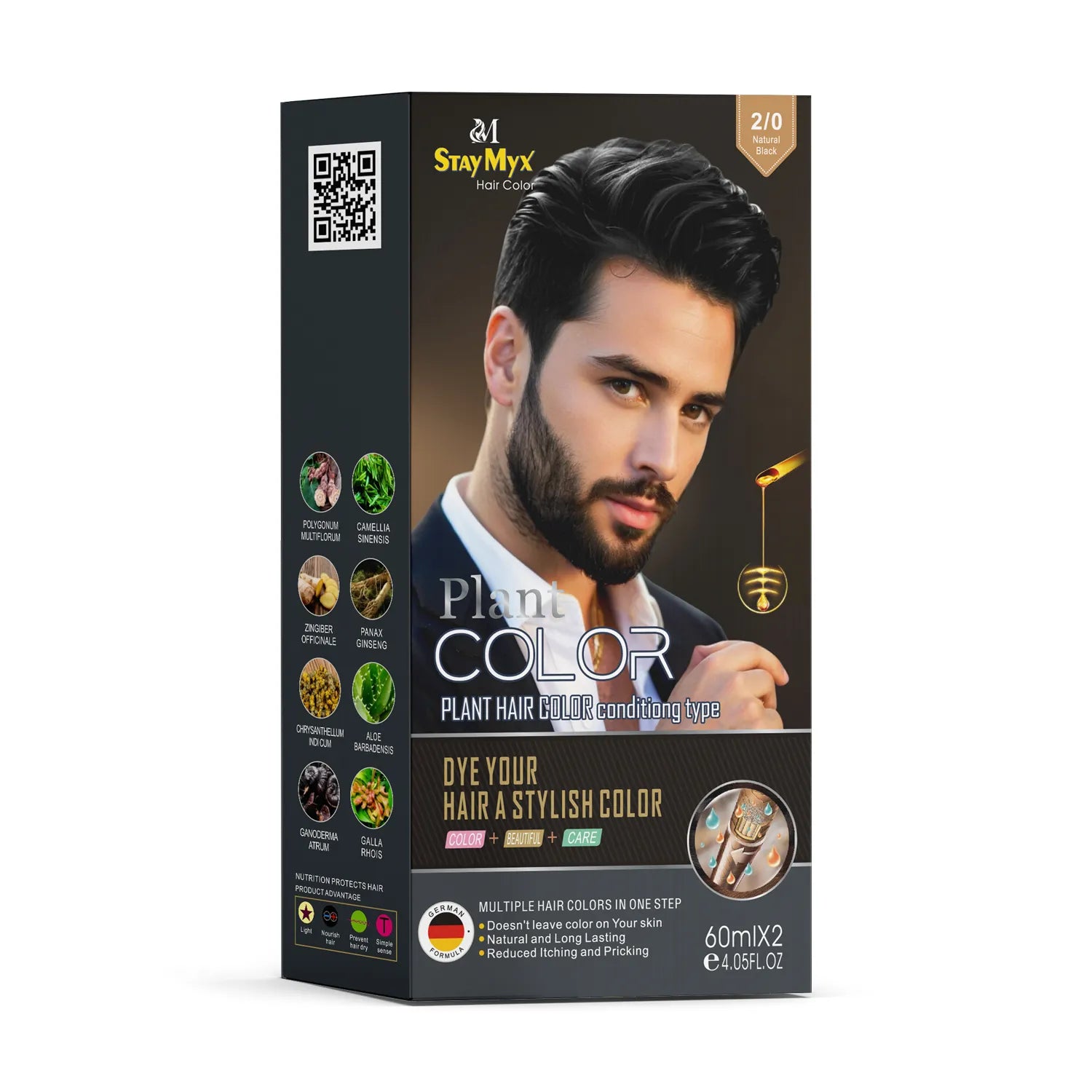 StayMyx 2/0 Natural Black Plant Hair Color for Men, Ammonia-Free German Formula for 100% Grey Coverage, Long Lasting Organic Hair Dye with Aloe Vera and Ginseng for Scalp Protection.