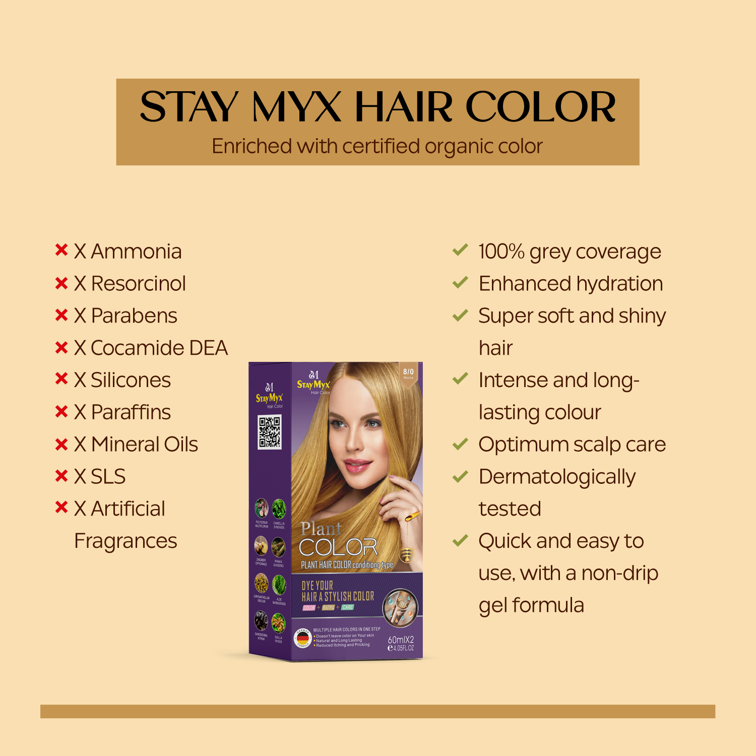 StayMyx Organic Hair Color Benefits, Ammonia-Free and Sulfate-Free Formula with 100% Grey Coverage, Dermatologically Tested Non-Drip Gel Formula for Scalp Care and Shiny Hair.