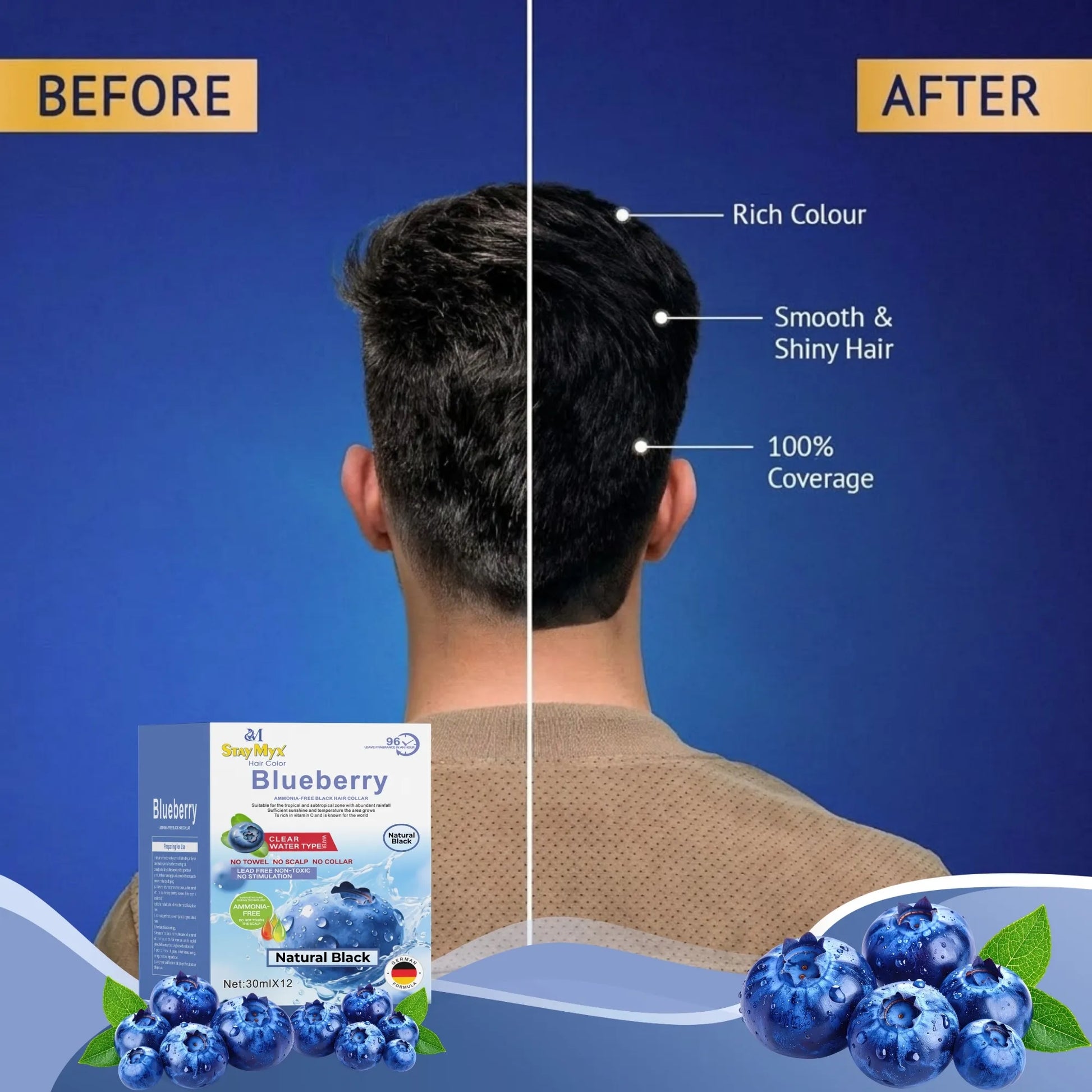 Before and after results of StayMyx Blueberry Hair Color in Natural Brown showing 100% grey coverage and shiny hair.