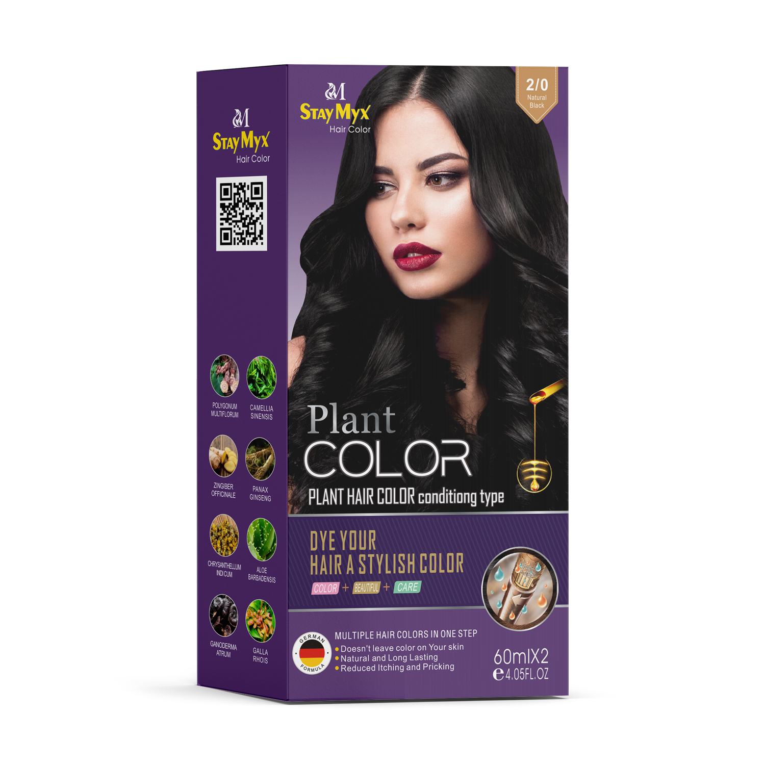 StayMyx 2/0 Natural Black Plant Hair Color for Women, Ammonia-Free German Formula for Shiny Jet Black Results, Professional Salon-Quality Permanent Dye with Aloe Vera and Ginseng for 100% Gray Coverage.