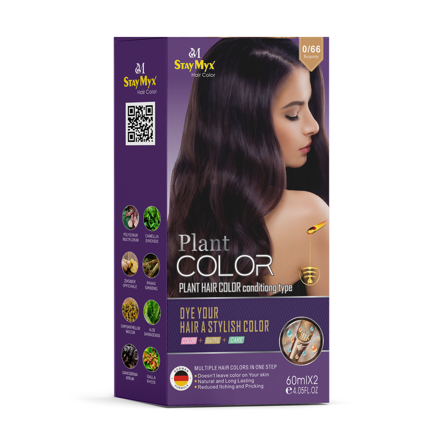 StayMyx 0/66 Burgundy Plant Hair Color, Ammonia-Free German Formula for Deep Wine Red Tones, Professional Permanent Hair Dye with Herbal Extracts and Aloe Vera for Vibrant Stylish Hair.