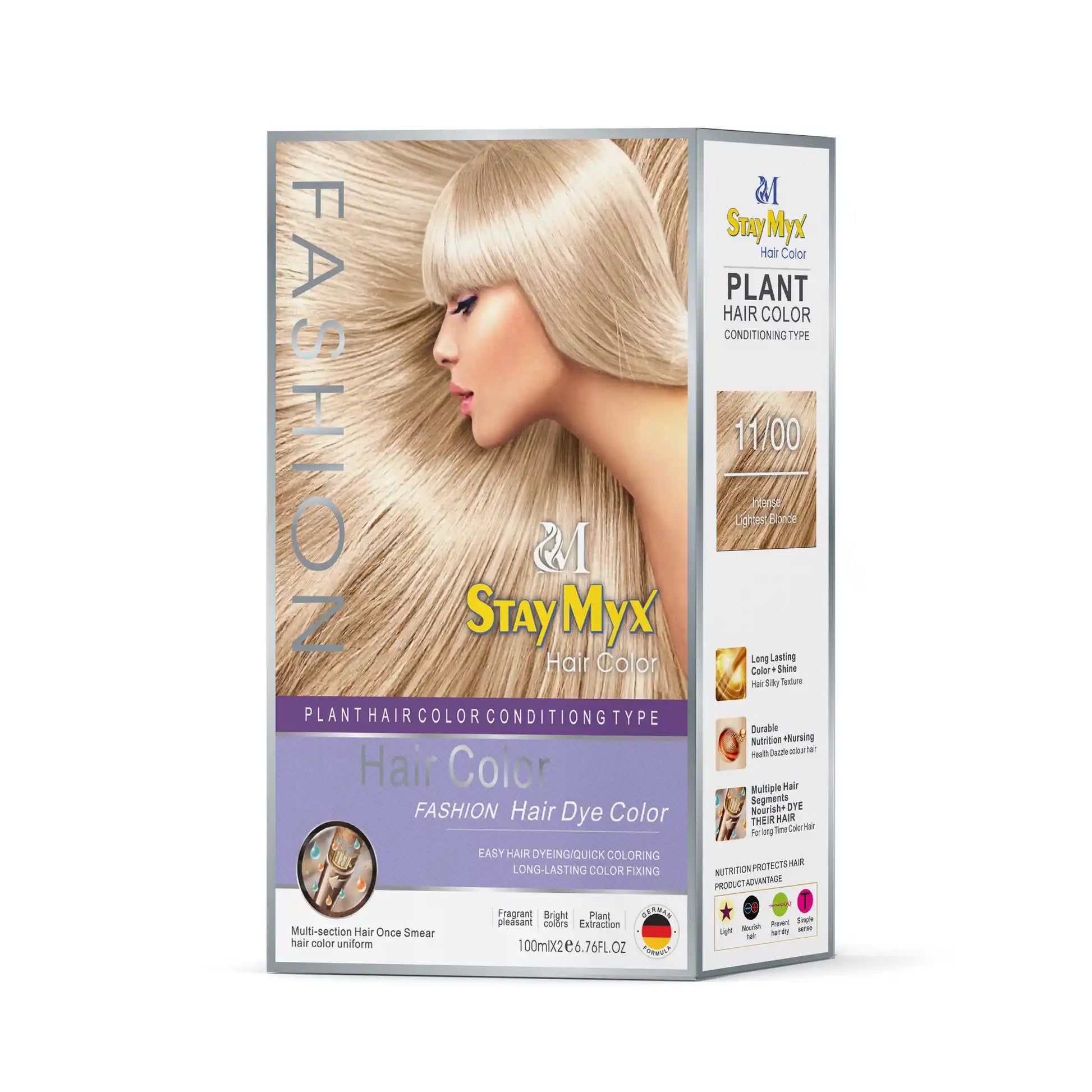 StayMyx 11/00 Intense Lightest Blonde Fashion Hair Color, Professional Plant-Based Conditioning Dye, German Formula for Long-Lasting Bright Platinum Blonde Results, Ammonia-Free with Hair Silky Texture.