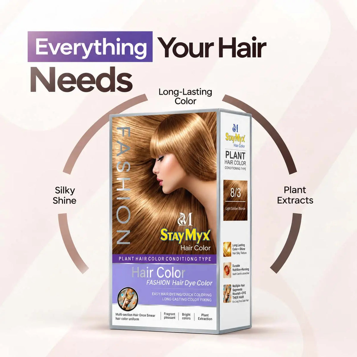 StayMyx Plant Hair Color 3/8 Light Golden Blonde hair dye with long-lasting color, silky shine and plant extracts.