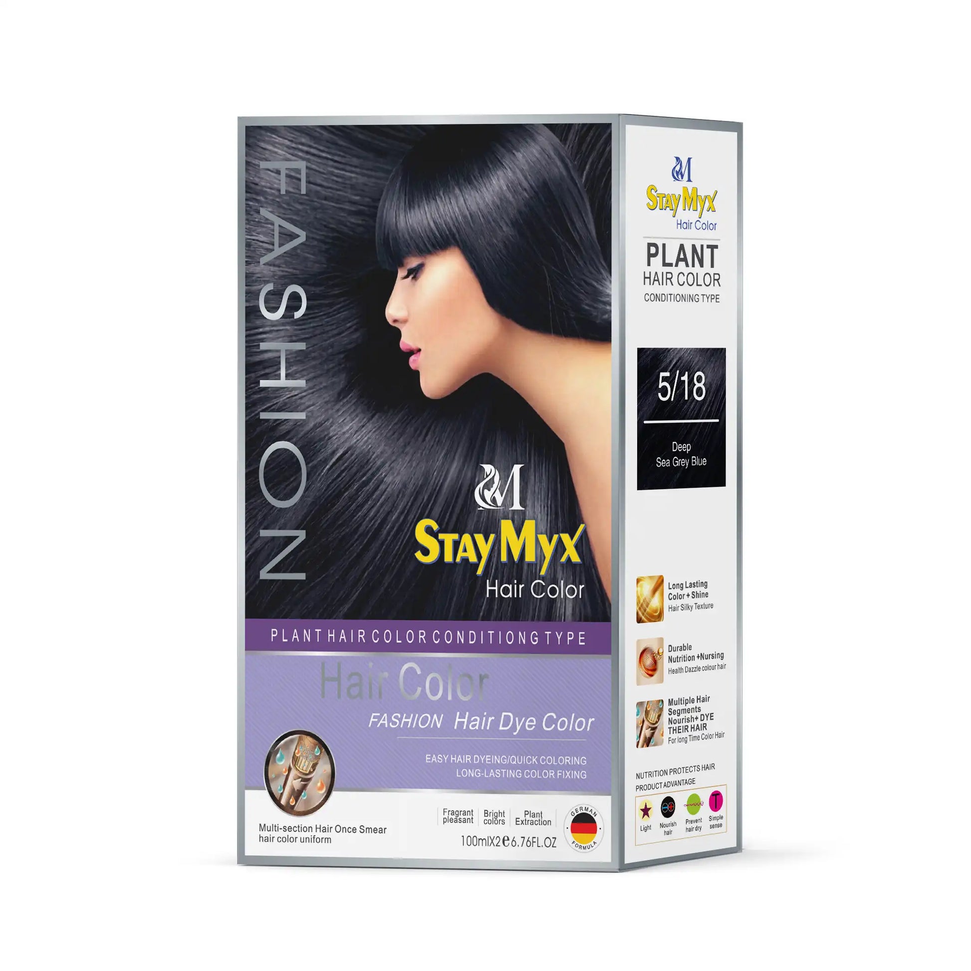 StayMyx 5/18 Deep Sea Grey Blue Plant Hair Color, Ammonia-Free German Formula for Trendy Metallic Tones, Professional Salon-Quality Grey Blue Hair Dye with Intense Shine