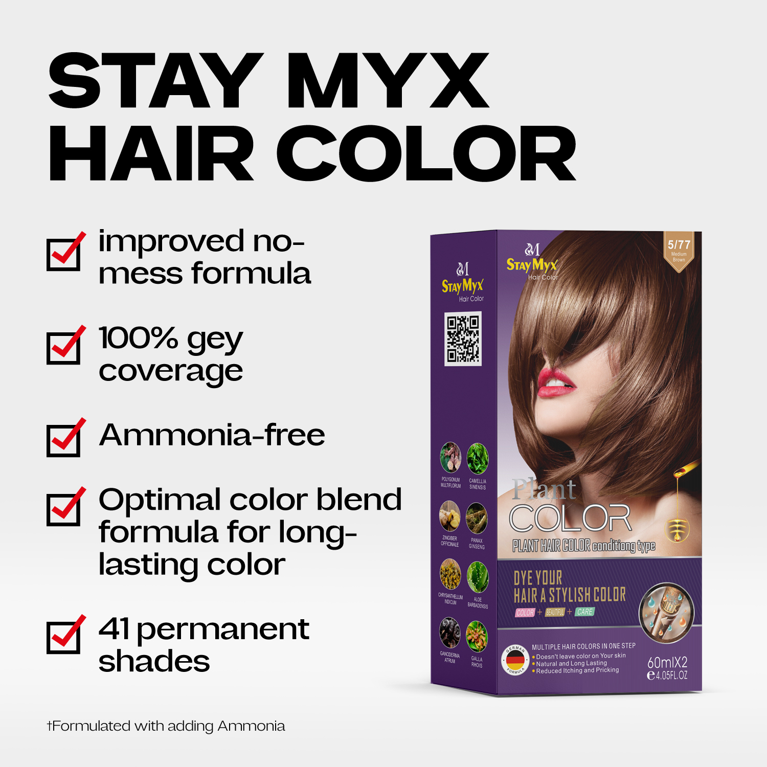 StayMyx Hair Color Features: 41 Permanent Shades with Ammonia-Free Formula, 100% Grey Coverage and No-Mess Application, Long-Lasting Optimal Color Blend for Professional Results.