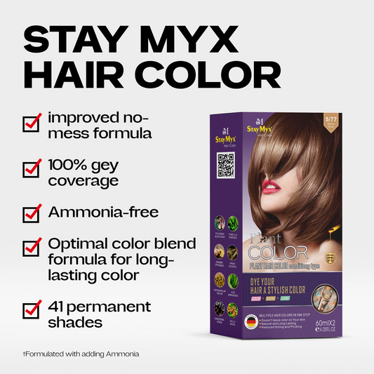 StayMyx Hair Color Features: 41 Permanent Shades with Ammonia-Free Formula, 100% Grey Coverage and No-Mess Application, Long-Lasting Optimal Color Blend for Professional Results.
