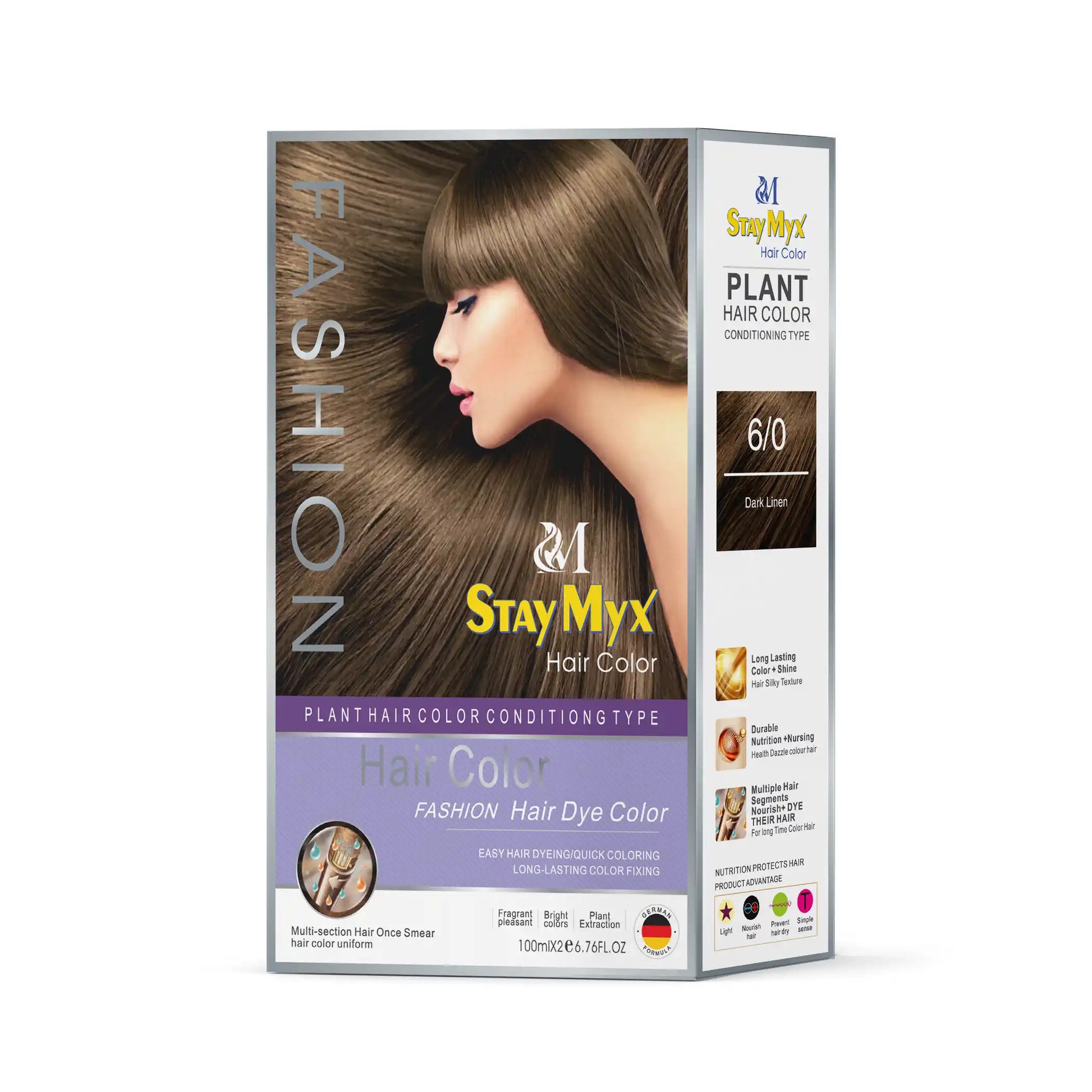 StayMyx 6/0 Dark Linen Plant Hair Color, Ammonia-Free German Formula for Natural Ash Brown Tones, Professional Salon-Quality Grey Coverage Hair Dye with Conditioning Type.