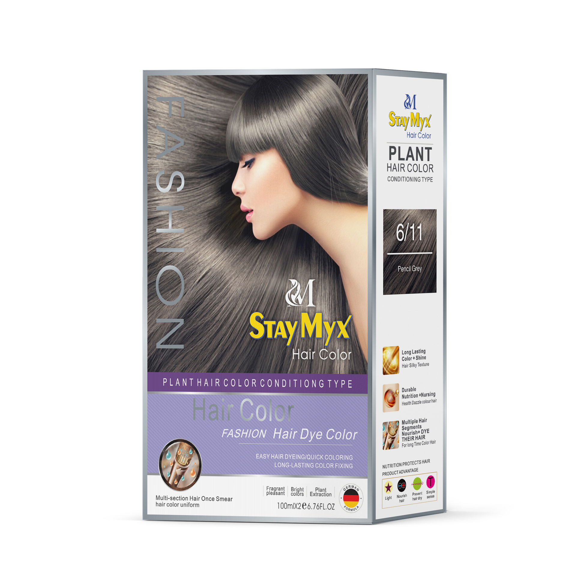 StayMyx 6/11 Pencil Grey Plant Hair Color, Ammonia-Free German Formula for Trendy Metallic Ash Tones, Professional Salon-Quality Silver Grey Hair Dye with Plant Extracts.