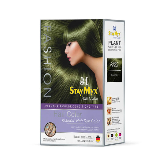 StayMyx 6/22 Green Tea Fashion Hair Color, Professional Plant-Based Conditioning Dye, German Formula for Unique Dark Green Results, Ammonia-Free Permanent Hair Color with Long-Lasting Shine and Herbal Nutrition.