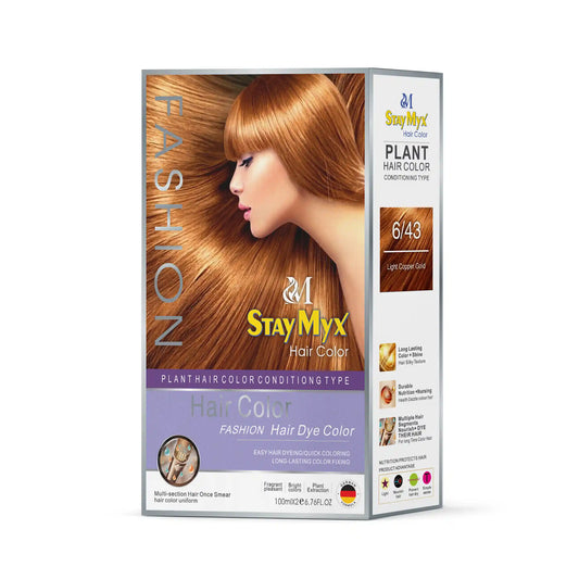 StayMyx 6/43 Light Copper Gold Fashion Hair Color, Professional Plant-Based Conditioning Dye, German Formula for Vibrant Warm Copper Results, Ammonia-Free Permanent Hair Color with Long-Lasting Shine and Nutrition.