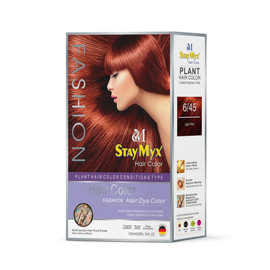 StayMyx Plant Hair Color in 6/45 Light Red; a professional conditioning German formula designed for vibrant red results, ultra-soft deep shine, and a comfortable application without skin staining.