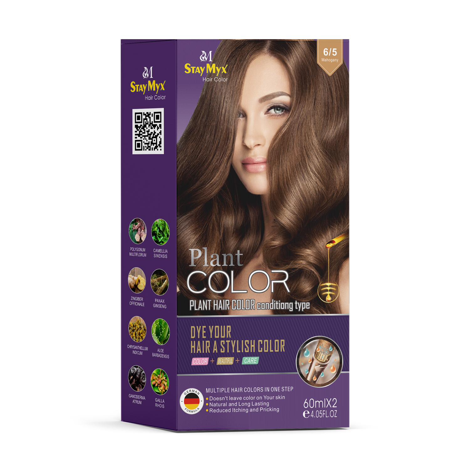 StayMyx 6/5 Mahogany Plant Hair Color, Ammonia-Free German Formula for Deep Reddish-Brown Tones, Professional Permanent Hair Dye with Aloe Vera and Ginseng for Silkier Healthy Hair.
