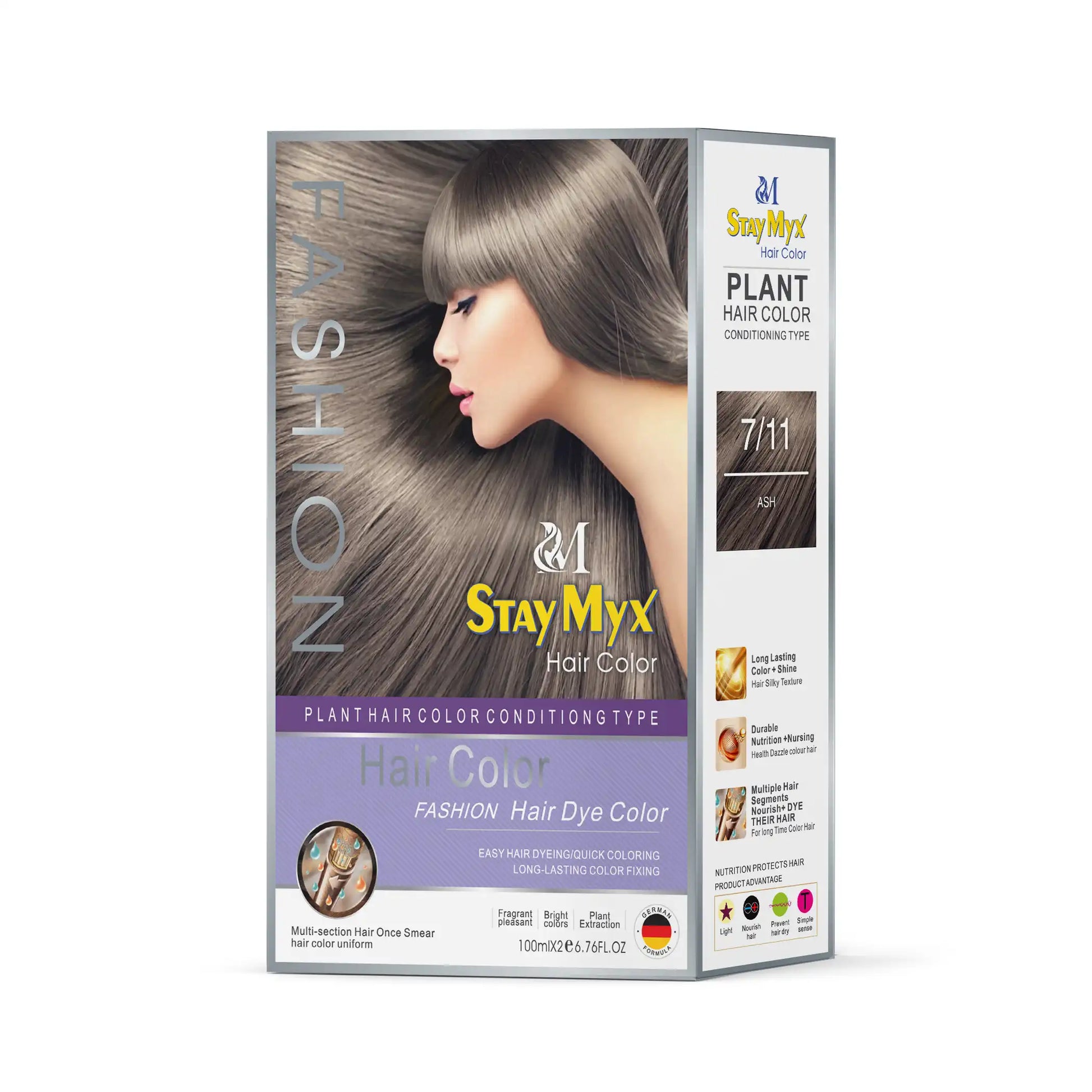 StayMyx 7/11 Ash Blonde Hair Color, Professional Plant-Based Conditioning Dye, German Formula for Cool-Tone Ash Results, Ammonia-Free Permanent Hair Color with Long-Lasting Shine and 100% Grey Coverage.