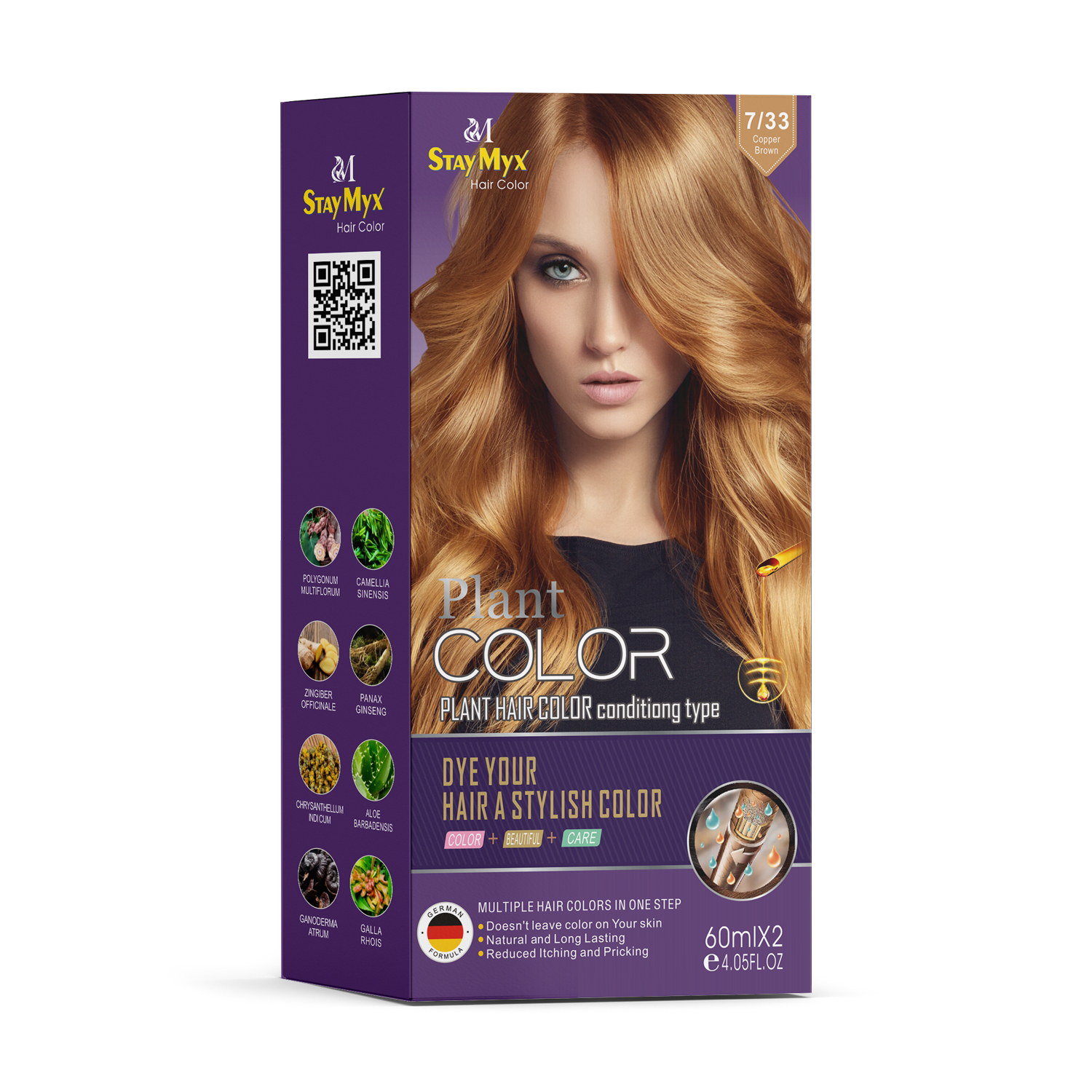 StayMyx 7/33 Copper Brown Plant Hair Color, Ammonia-Free German Formula for Vibrant Warm Copper Tones, Professional Permanent Hair Dye with Herbal Extracts and Organic Ginseng for 100% Grey Coverage.