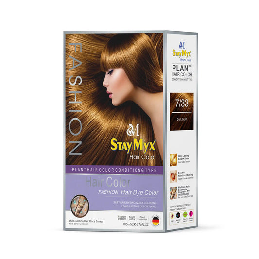 StayMyx 7/33 Dark Gold Fashion Hair Color, Professional Plant-Based Conditioning Dye, German Formula for Rich Golden Brown Results, Ammonia-Free Permanent Hair Color with Long-Lasting Shine and Silky Texture.