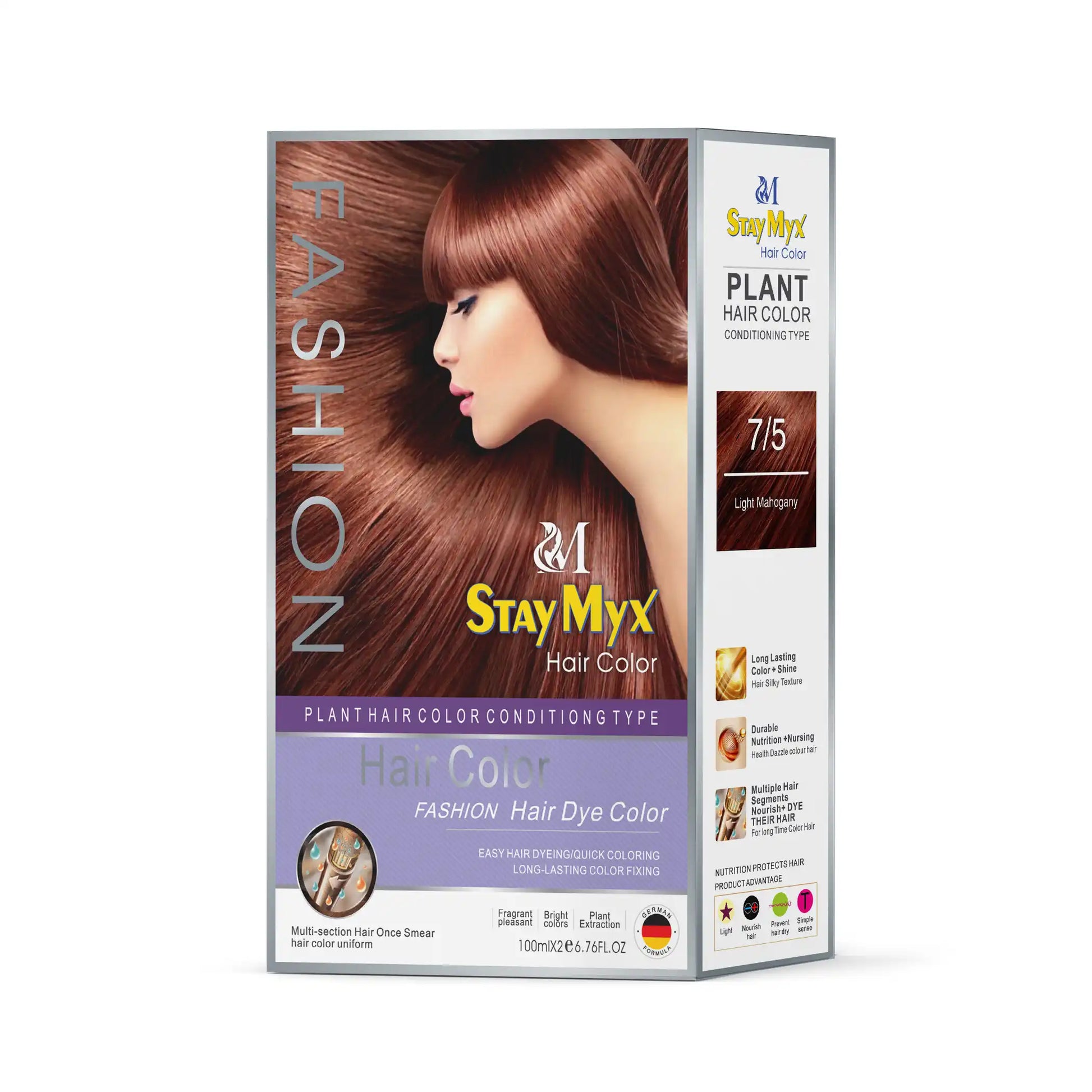 StayMyx Plant Hair Color in 7/5 Light Mahogany; a professional conditioning German formula designed for elegant reddish-brown results, ultra-soft deep shine, and a comfortable application without skin staining.