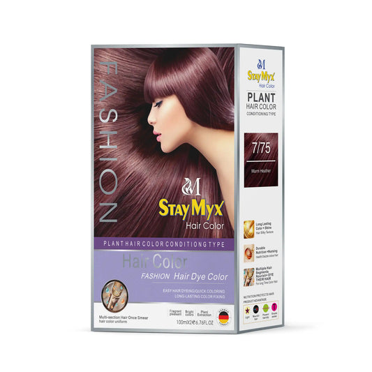StayMyx Plant Hair Color in 7-75 Warm Heather; a professional conditioning German formula designed for radiant warm results, ultra-soft deep shine, and a comfortable application without skin staining.
