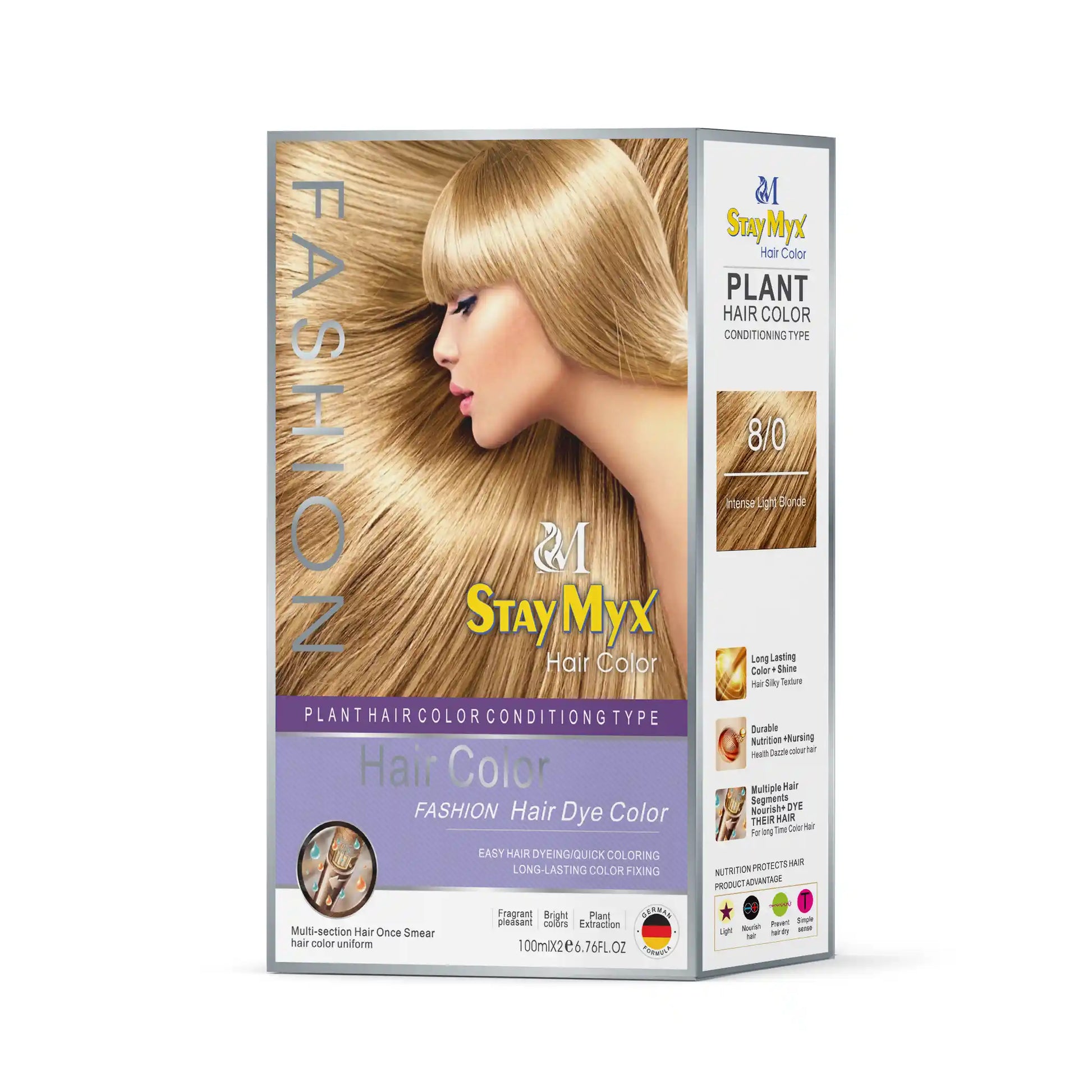 StayMyx 8/0 Intense Light Blonde Fashion Hair Color, Professional Plant-Based Conditioning Dye, German Formula for Bright Luminous Blonde Results, Ammonia-Free Permanent Hair Color with Long-Lasting Shine and Nutrition.