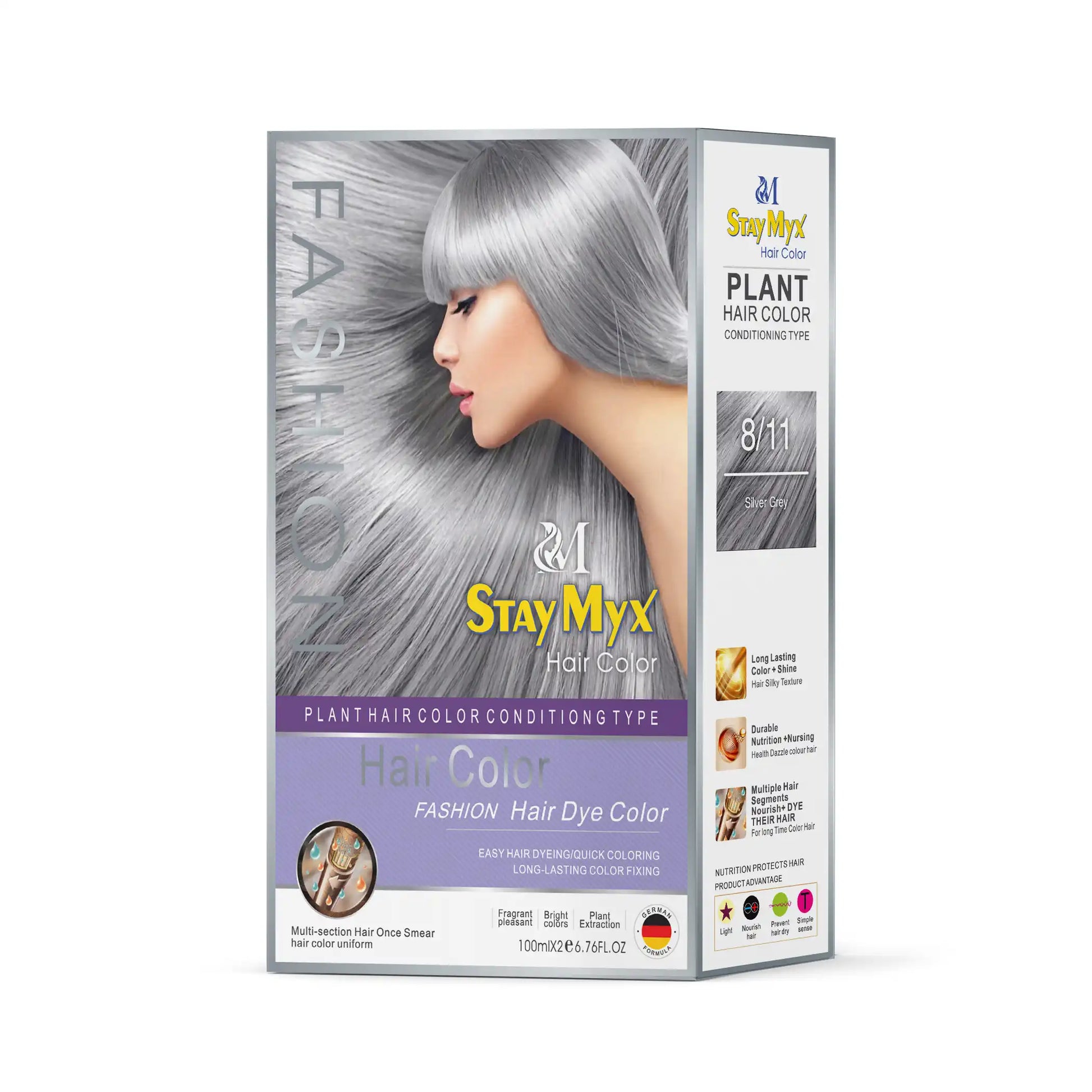 StayMyx Plant Hair Color in 8/11 Silver Grey; a professional conditioning German formula designed for a metallic silver finish, ultra-soft deep shine, and a comfortable application without skin staining.